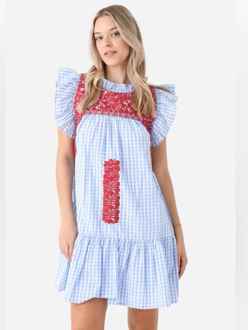 J. Marie The Rebel Ruffle Neck Embroidered Gingham Dress Large Patriotic NWOT